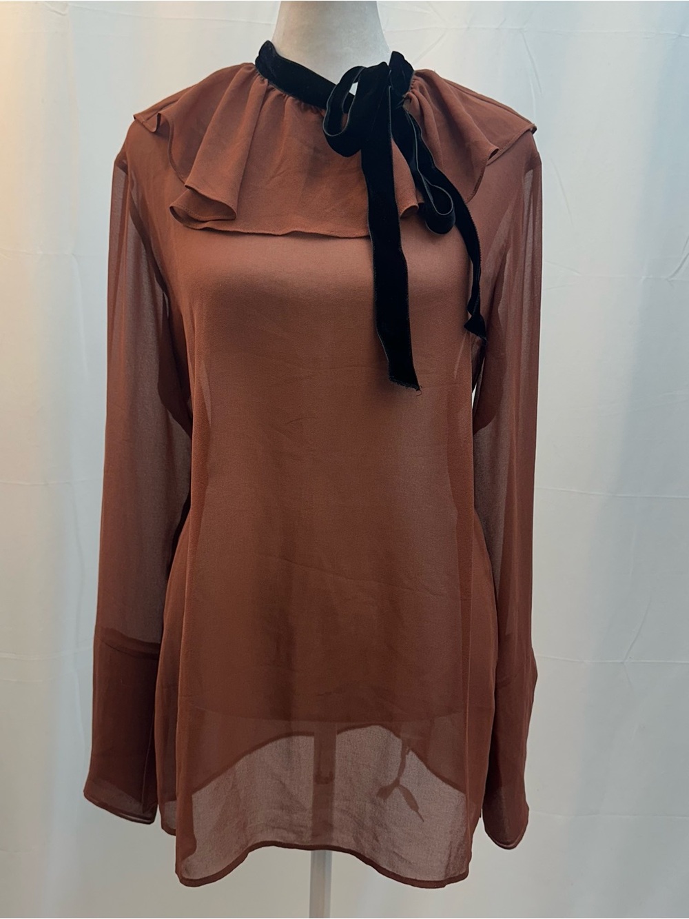 Chelsea28 Sheer Brown Ruffle-Neck Long Sleeve Blouse with Black Velvet Bow S